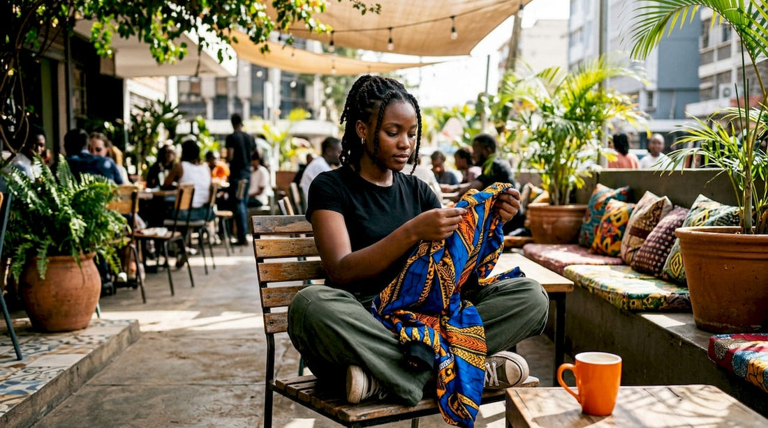 Woman browsing African streetwear jacket