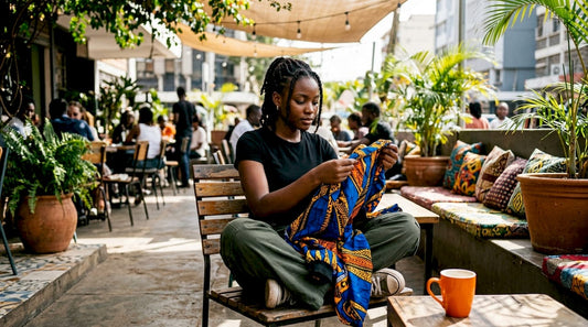 Woman browsing African streetwear jacket