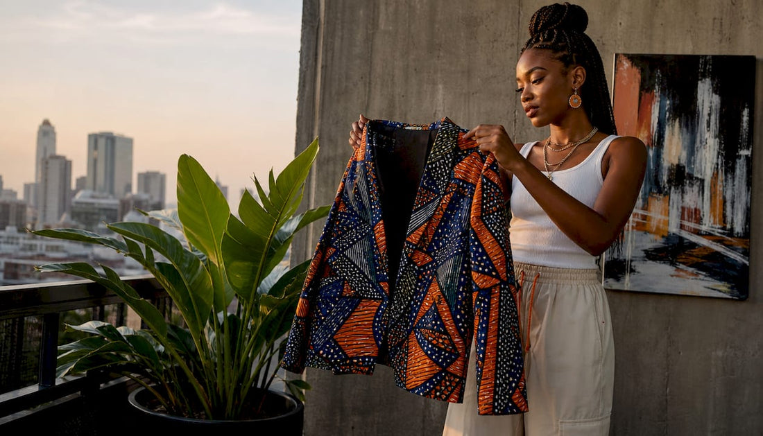 Woman holding African blazer looking in mirror