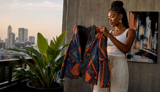 Woman holding African blazer looking in mirror