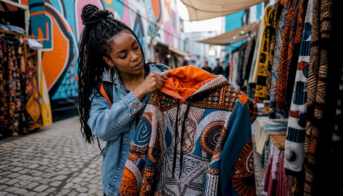 Woman shopping Afrocentric urban apparel in boutique