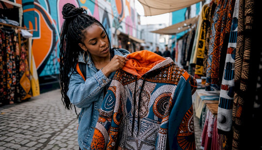 Woman shopping Afrocentric urban apparel in boutique