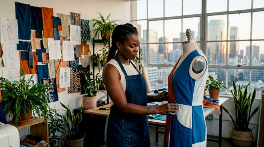 African fashion designer evaluating color blocked garment