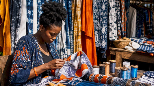 Artisan sewing vibrant cultural garment outdoors