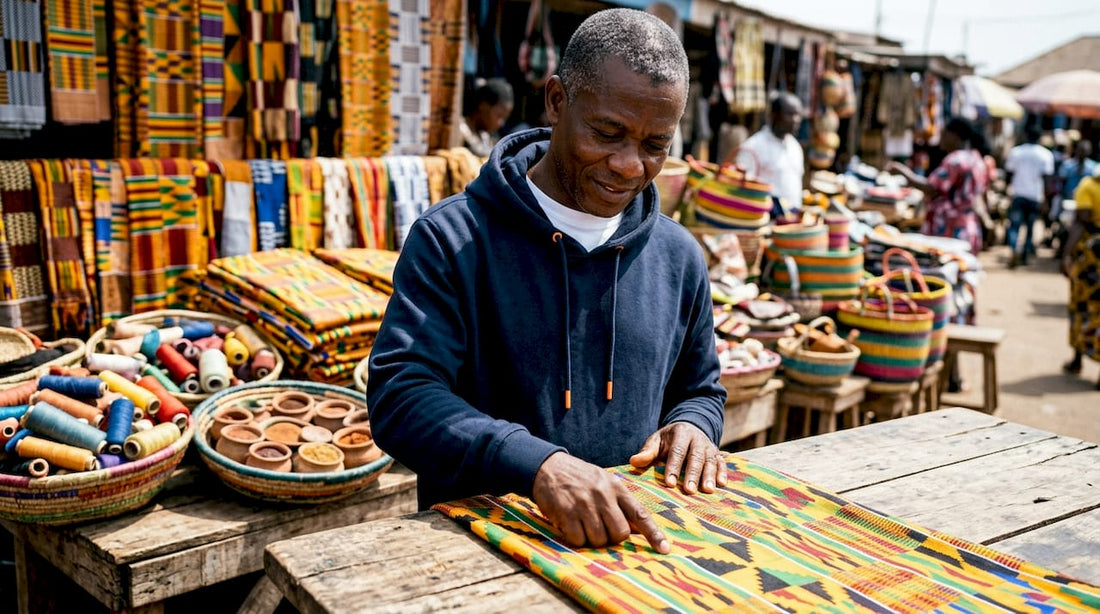 Man examining traditional African Kente cloth