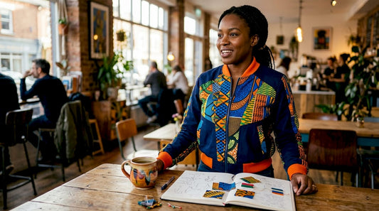 Young woman in African inspired blazer in office