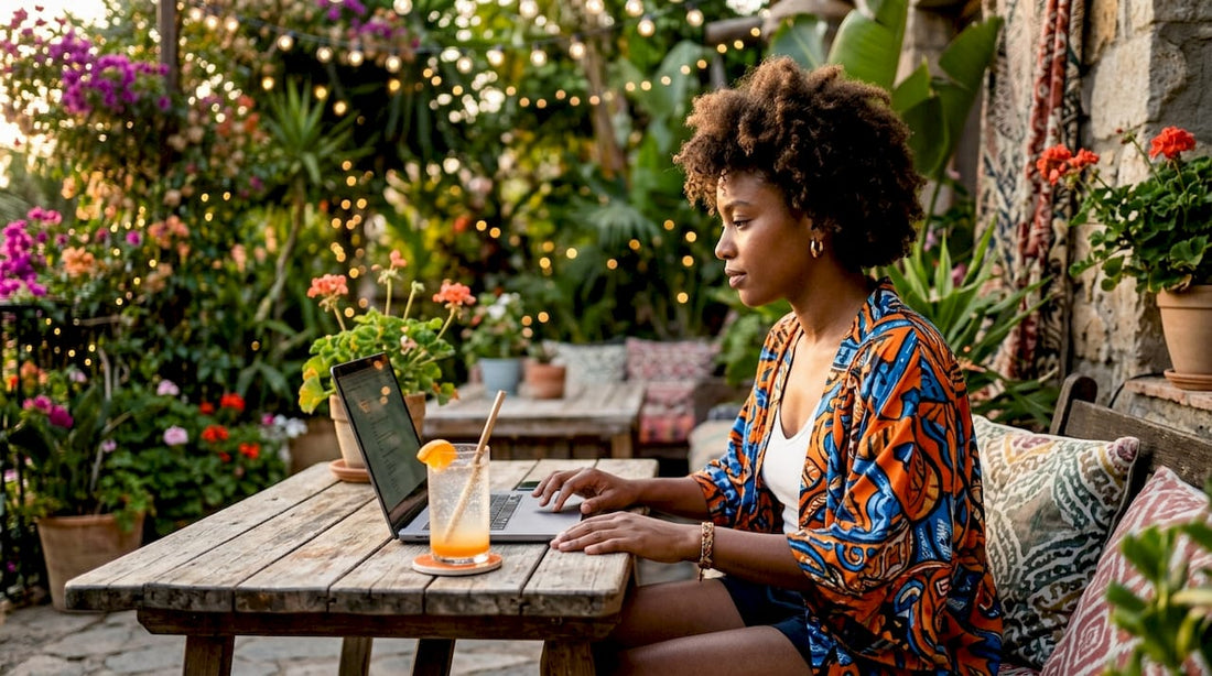 Woman browsing African streetwear online on laptop