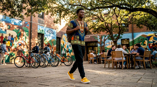 Student walking on campus wearing African print shirt