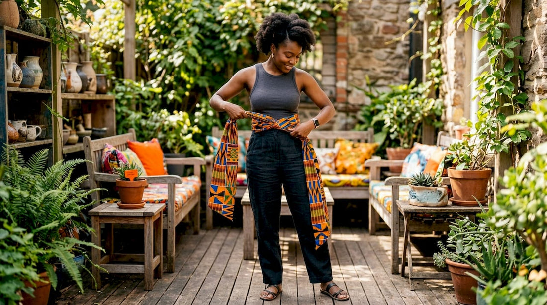 Young woman wearing African-patterned jacket at home