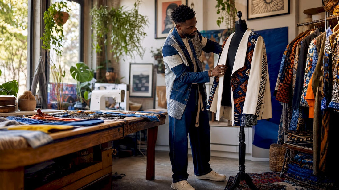 Designer examining cultural streetwear outfit on mannequin