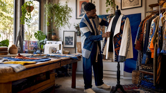 Designer examining cultural streetwear outfit on mannequin