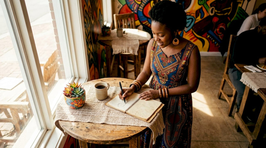Young woman modeling vibrant Afrocentric fashion indoors