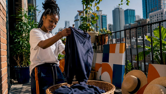 Woman preparing streetwear for laundry wash