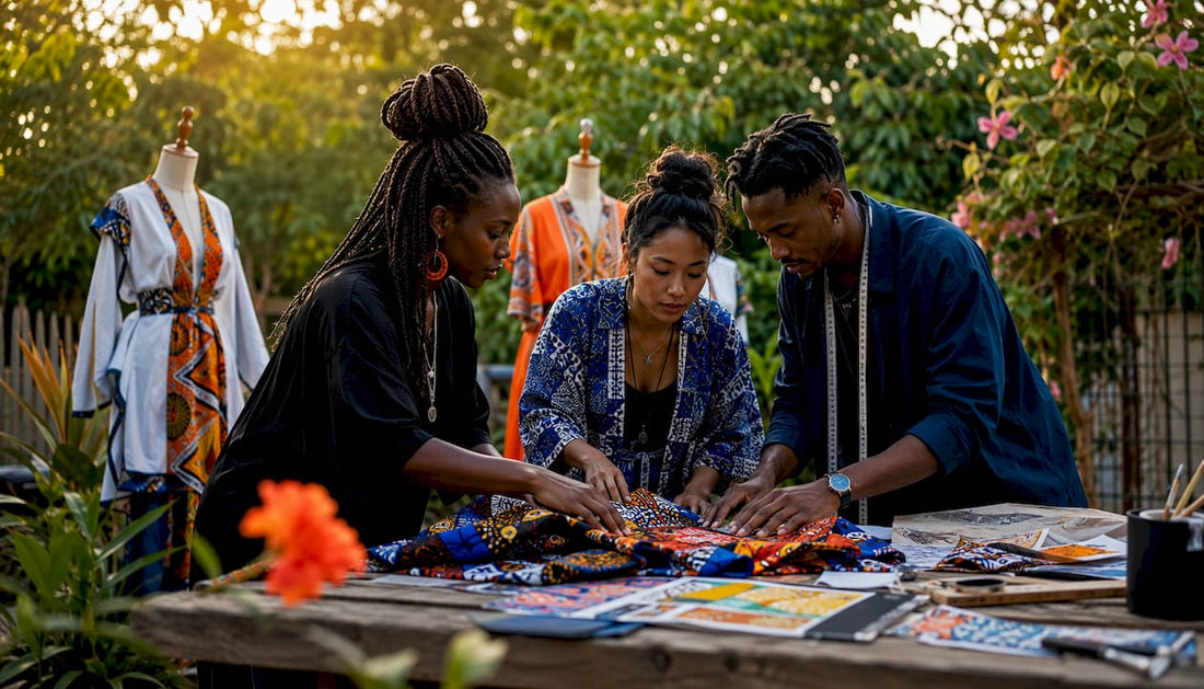 Designers examining traditional fashion fabrics