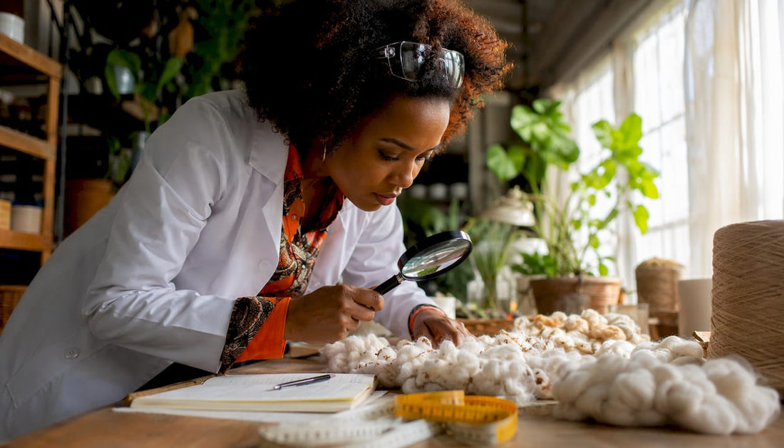 Researcher inspecting sustainable textile fibers