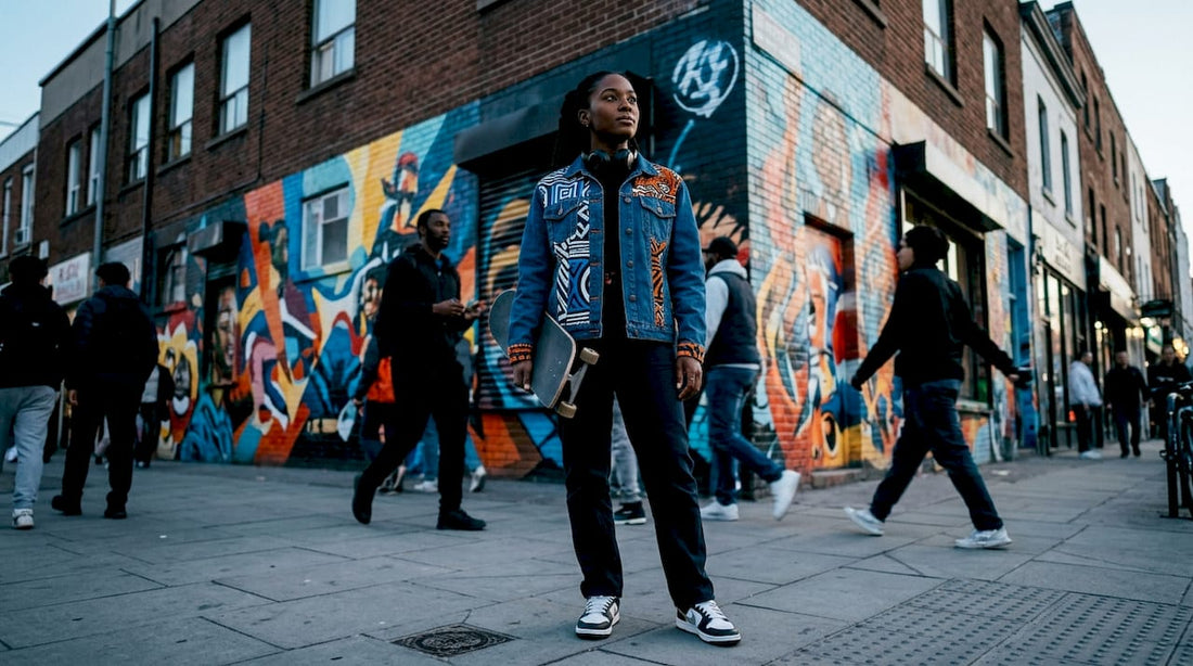 Young woman wearing cultural streetwear in urban setting