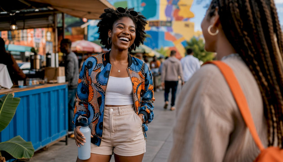 Woman in African print jacket on urban street