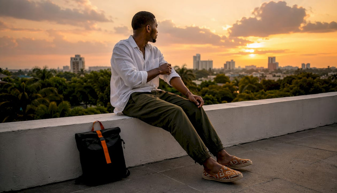Man adjusting cotton shirt sleeves on rooftop