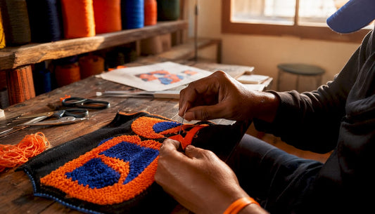 Close-up of artisan hand-stitching chenille embroidery patch