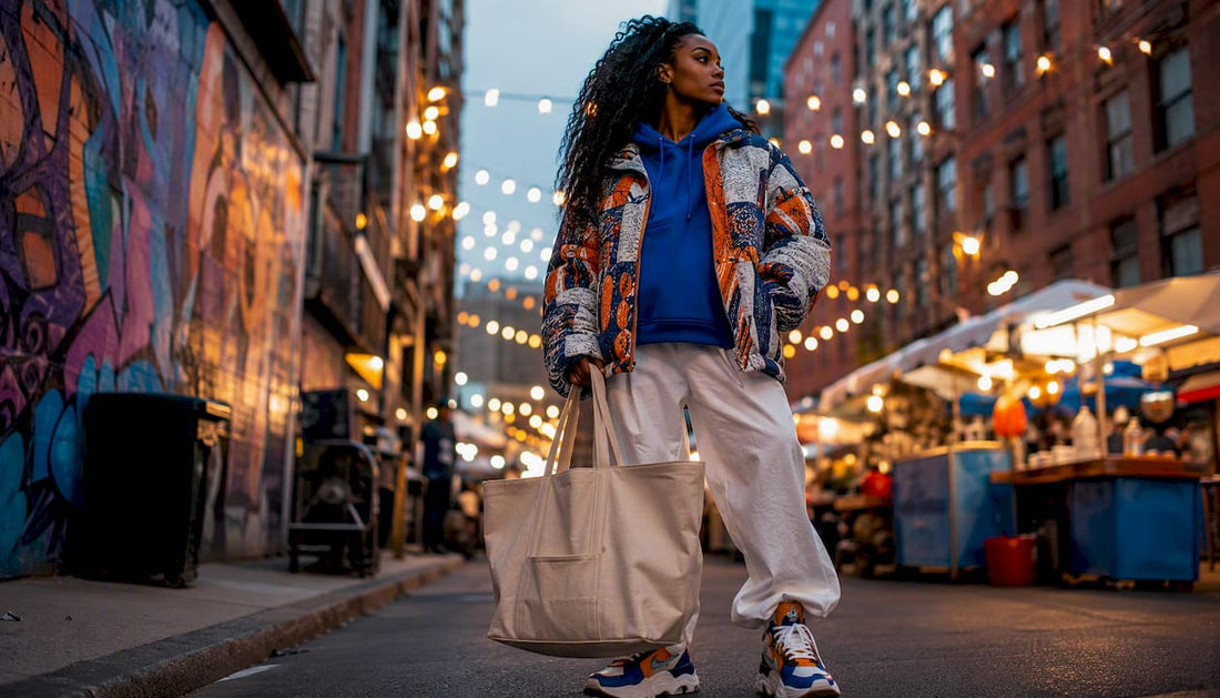 Woman holding large streetwear tote outdoors