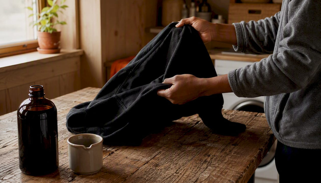 Hands turning black hoodie inside-out before washing