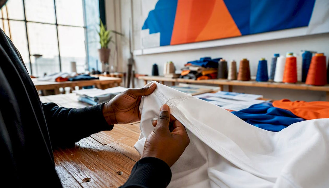 Hands inspecting reinforced t-shirt seam