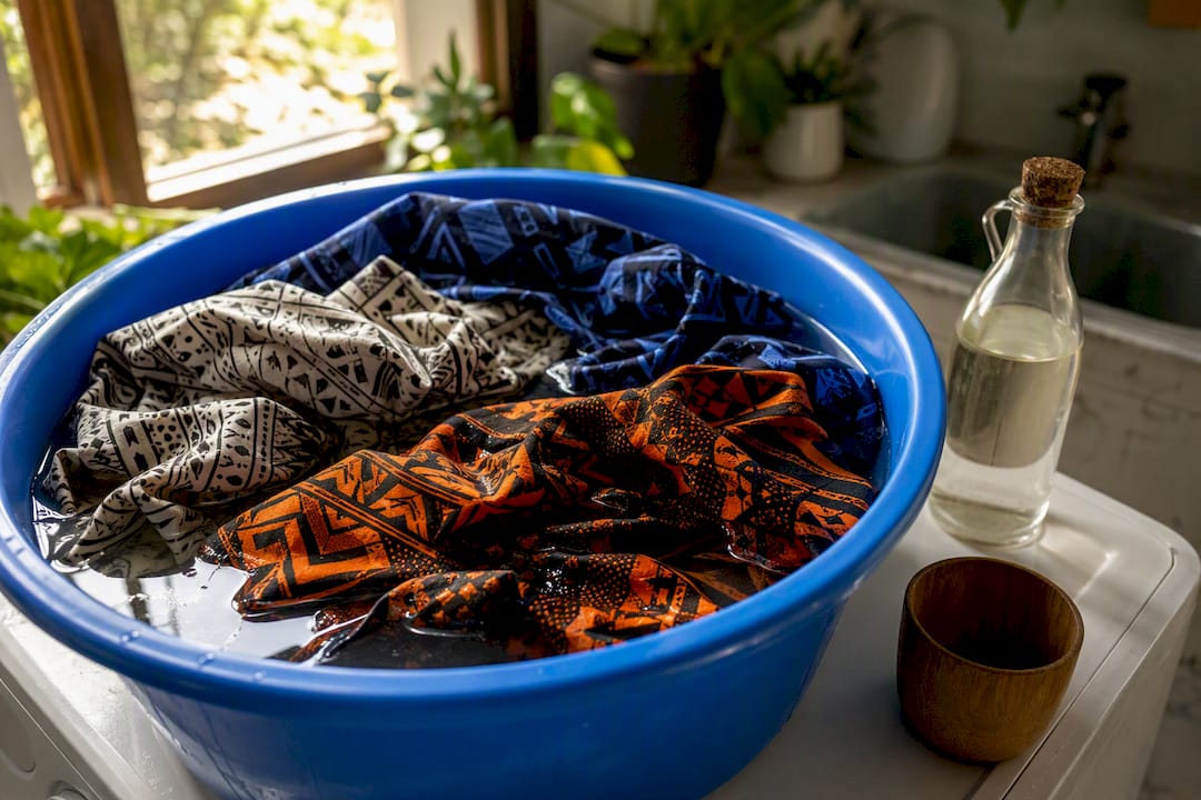 Fabric soaking in vinegar solution to remove odor