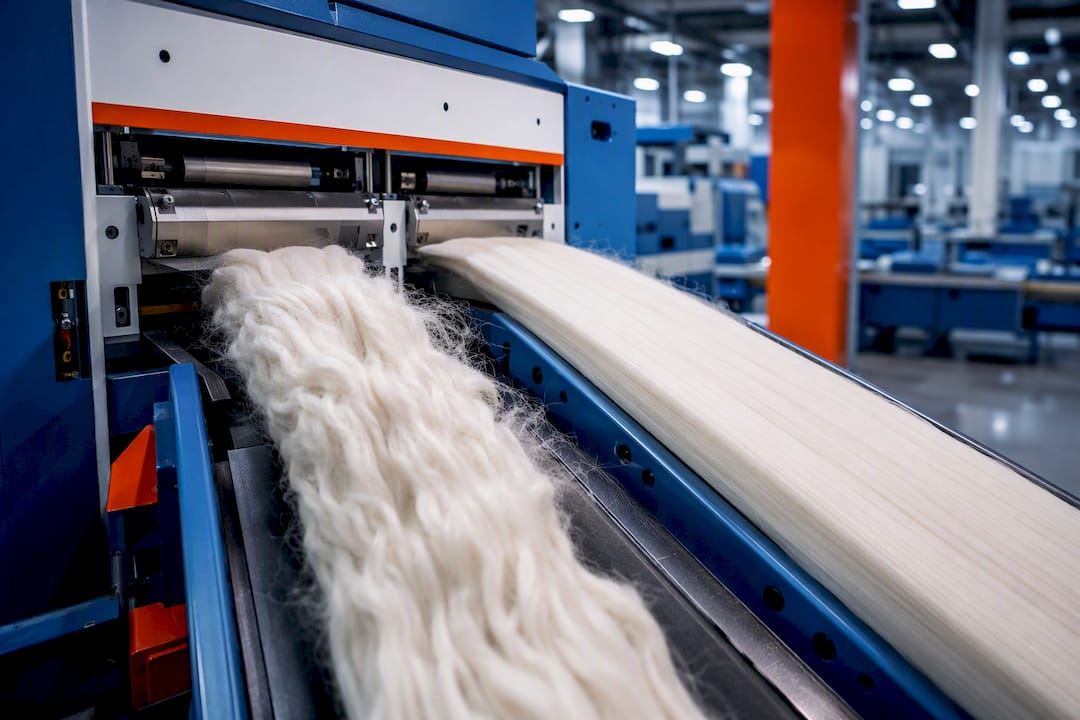 Cotton slivers moving through textile machinery