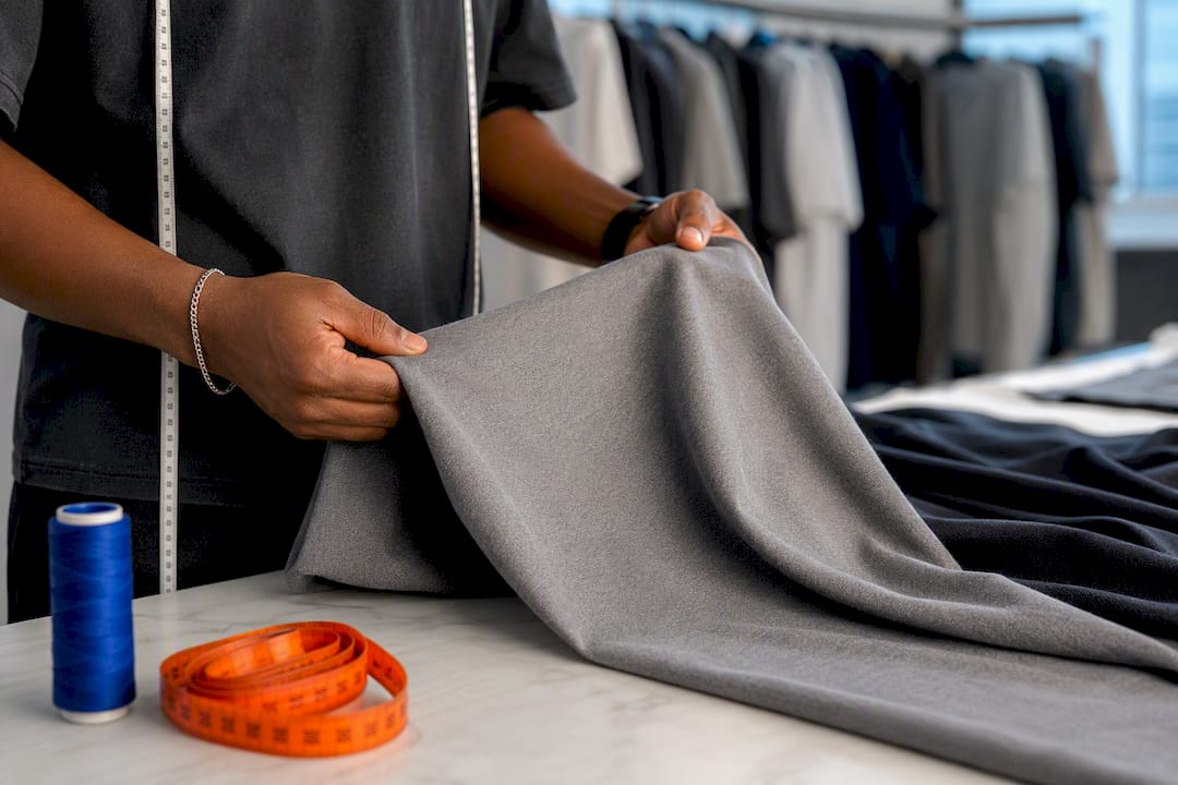 Hands comparing heavyweight cotton fabric drape