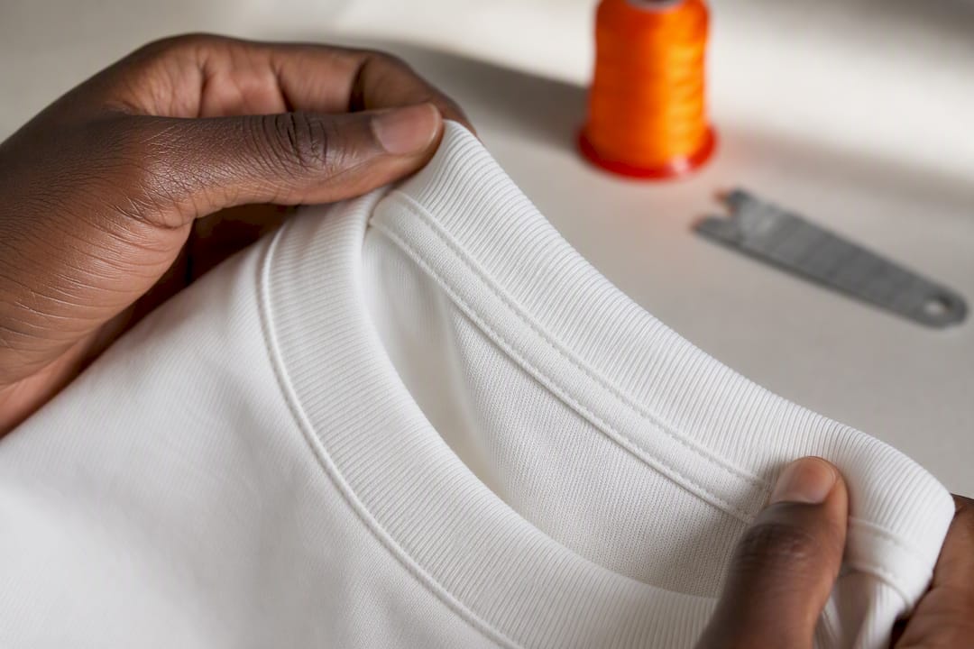 Close-up of reinforced shirt neckline construction