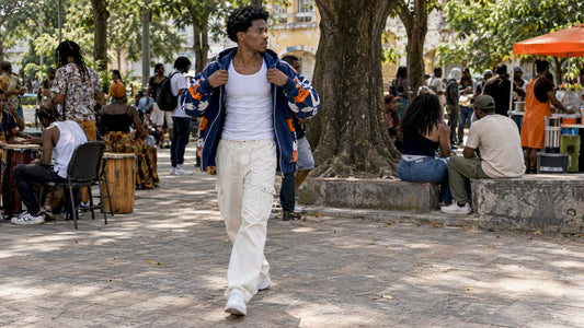 Afro-Colombian adult opening hoodie in warm weather