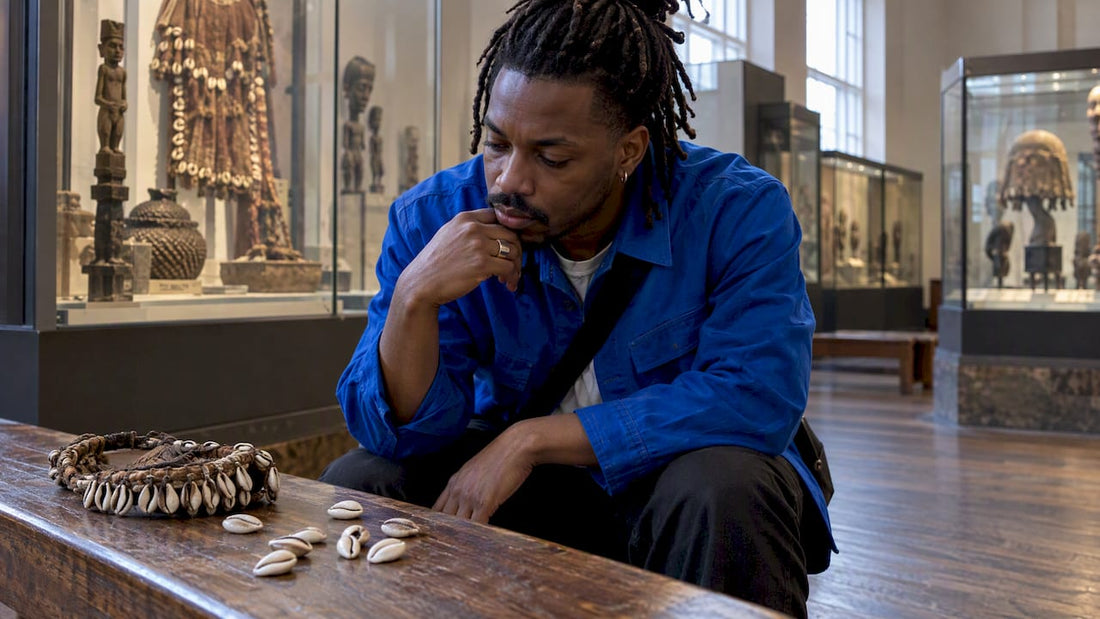 Diaspora wearer examining cowrie shells respectfully