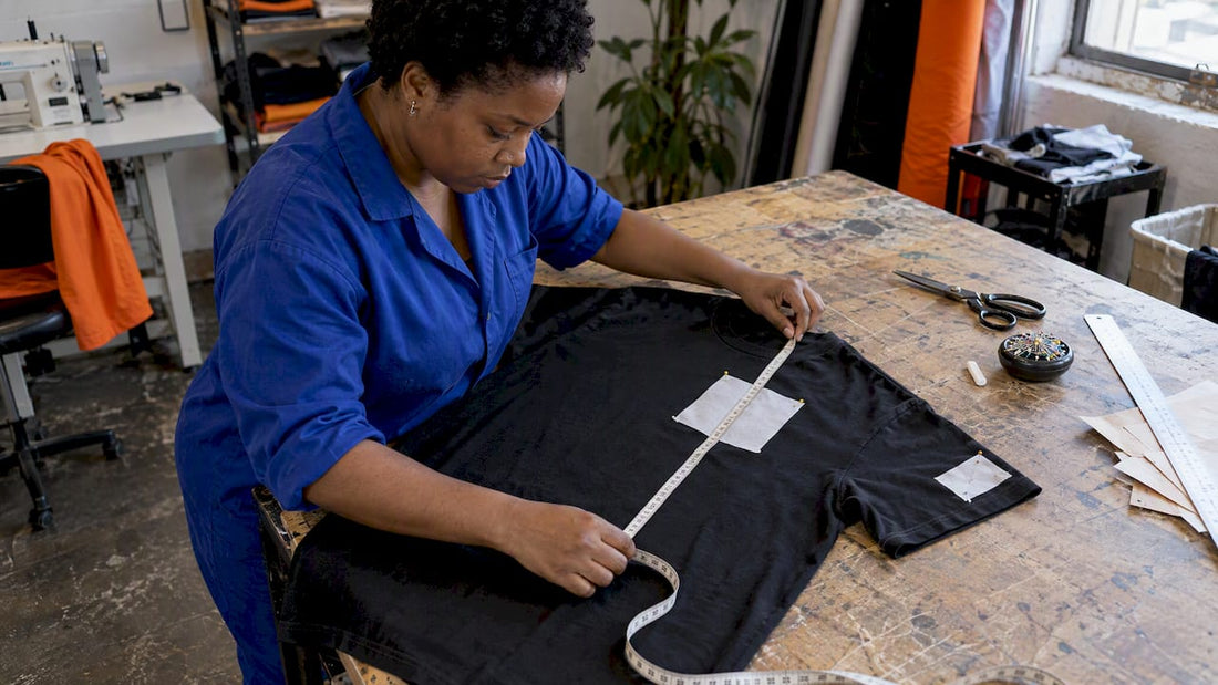 Maker measuring chest and sleeve print placement
