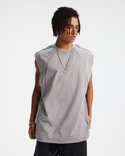 GREY WASHED CURVED SEAM SLEEVELESS TEE