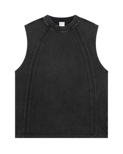 BLACK WASHED CURVED SEAM SLEEVELESS TEE