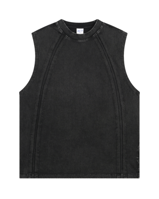 BLACK WASHED CURVED SEAM SLEEVELESS TEE