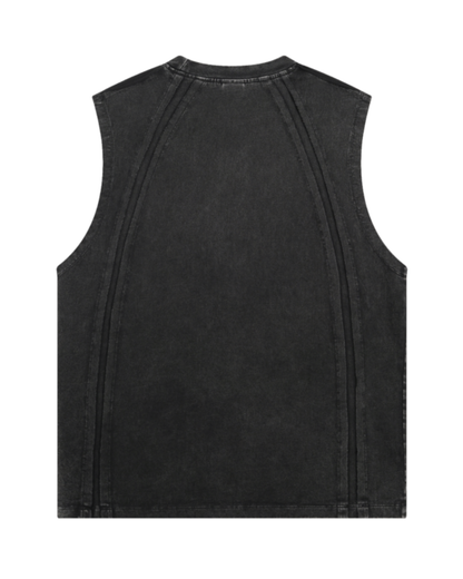 BLACK WASHED CURVED SEAM SLEEVELESS TEE