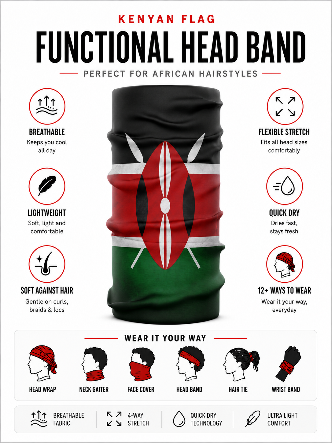 KENYAN FLAG — MULTIPURPOSE HEADBAND BANDANA [Ice Silk]